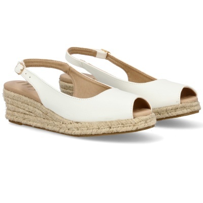 Sandálias de cunha brancas com biqueira aberta e salto de corda trançada