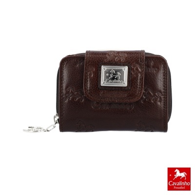 Carteira pequena castanha escura com fecho de aba e placa metálica Cavalinho