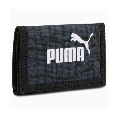 Carteira preta PUMA com logo branco e padrão gráfico.