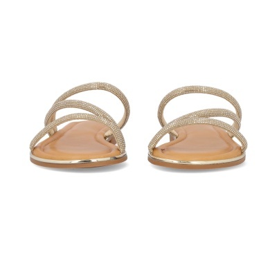 Sandálias femininas douradas com tiras finas brilhantes e sola castanha