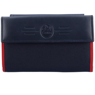 Carteira azul escura com tampa de pele azul e laterais vermelhas com logo Cavalinho em relevo