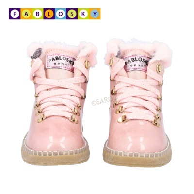 Botas infantis cor-de-rosa Pablosky Sport vistas de frente com atacadores e interior de pelúcia