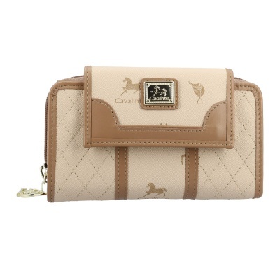 Carteira Cavalinho bege com detalhes castanhos e placa metálica