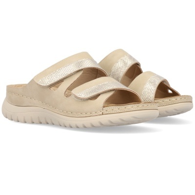 Sandálias bege com tiras em velcro e sola clara antiderrapante