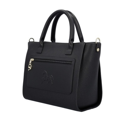 Mala preta com pegas de couro e bolso exterior com fecho e pendente 'VC'