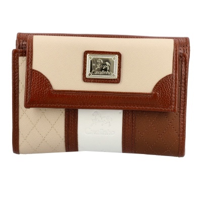 Carteira Cavalinho bege e castanha com aplique metálico e padrão matelassé