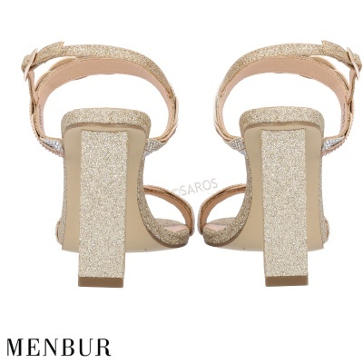 Sandálias femininas douradas de salto alto com glitter e tiras ajustáveis
