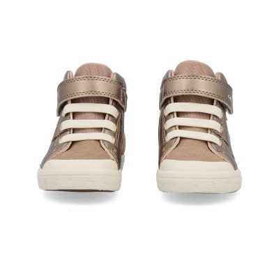 Sapatilhas infantis bronze e bege com velcro e sola branca