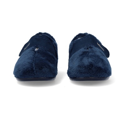 Chinelos de quarto azuis escuros felpudos com pala ajustável