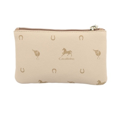 Carteira beige com padrão de ferradura, sela e cavalo e fecho de correr