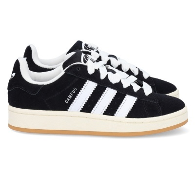 Sapatilhas Adidas Campus em camurça preta com riscas brancas.
