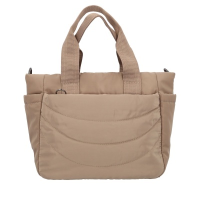 Mala de mão bege em tecido com alças grossas e bolso exterior