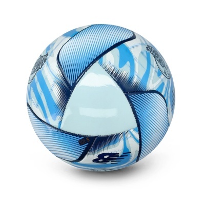 Bola de futebol azul e branca com padrões e logótipos distintos