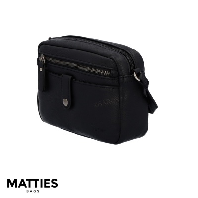 Bolsa preta pequena de couro sintético com fecho e bolso frontal