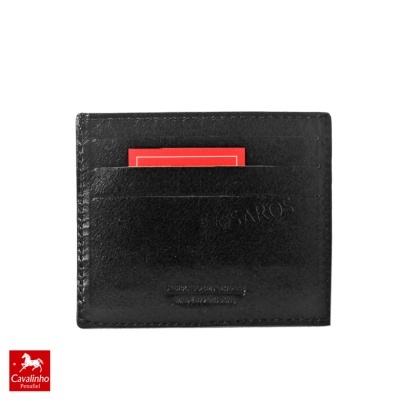 Carteira preta de pele fina para cartões com cartão vermelho e logótipo Cavalinho