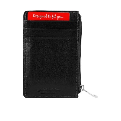 Carteira preta de couro com fecho de correr e cartão vermelho