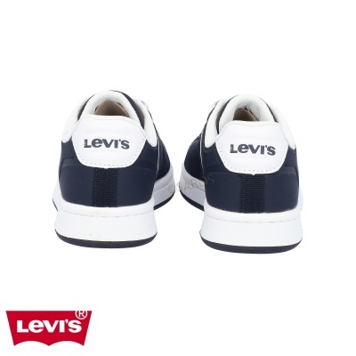 Sapatilhas Levi's azuis escuras e brancas vista de trás com logotipo Levi's