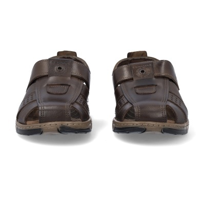 Sandálias masculinas de couro castanho com tiras largas e sola bege e preta