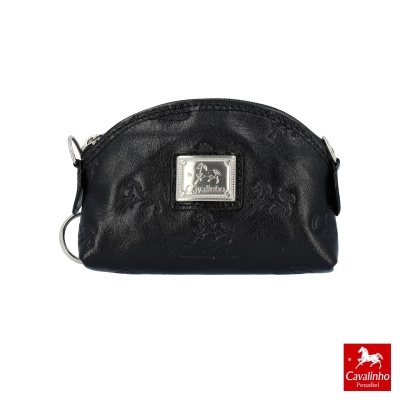 Bolsa pequena preta em pele com padrão de cavalos e placa metálica Cavalinho Penafiel