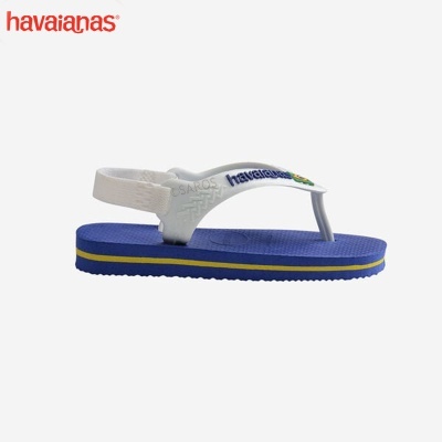 Sandália infantil azul e branca Havaianas com sola azul e amarelo