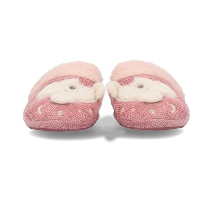 Pantufas cor-de-rosa com rosto do Pai Natal em tecido felpudo