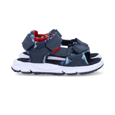 Sandálias desportivas azul marinho com padrão camuflado e sola branca