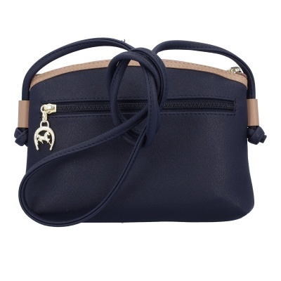 Mala pequena azul escuro com fecho dourado e alça longa