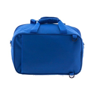 Mala azul de tecido com alças acolchoadas e argolas metálicas