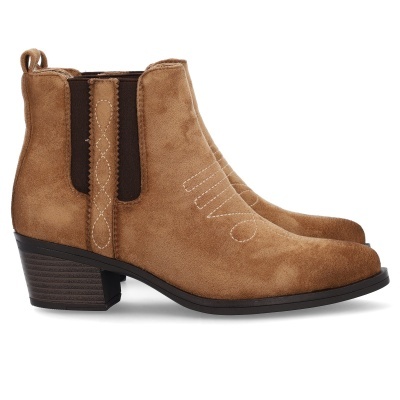 botas ankle em camurça castanha com salto castanho e costura decorativa