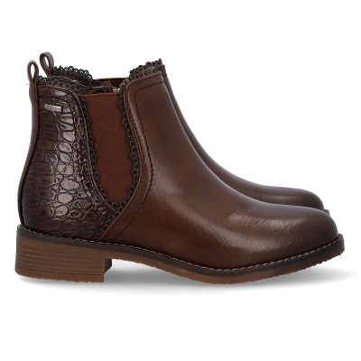 Botas ankle castanhas em pele sintética com padrão crocodilo e elásticos laterais