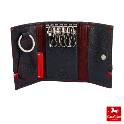 Carteira porta-chaves em pele preta com costuras vermelhas e anel metálico