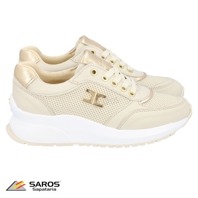 Sapatilhas femininas bege e dourado com sola branca e logótipo F