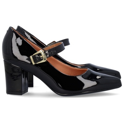 Sapatos Mary Jane de verniz preto com salto grosso e fivela dourada
