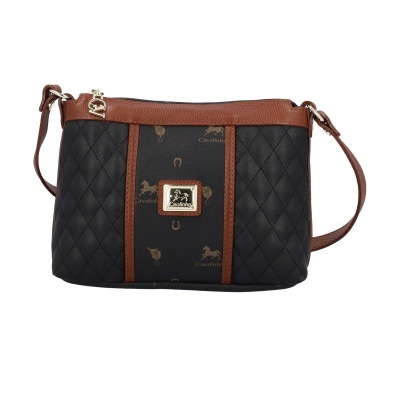 Mala de ombro Cavalinho preta e castanha com textura acolchoada e estampado e correia ajustável.