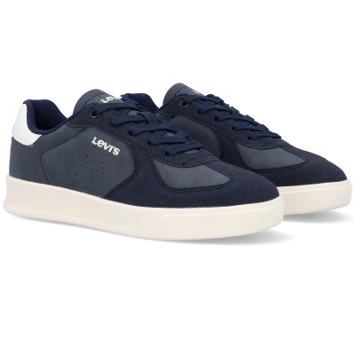 Sapatilhas Levis azuis escuras com sola branca e logótipo Levis.