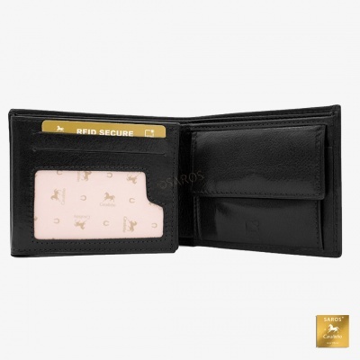 Carteira preta de pele com compartimento para moedas e janela para cartão