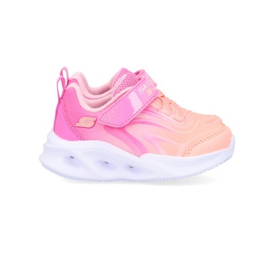 Ténis Skechers rosa e salmão com sola branca e velcro com texto