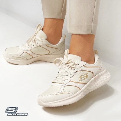 Sapatilhas Skechers bege com detalhes dourados em fundo branco