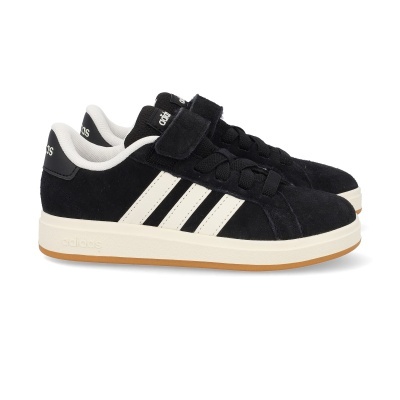 Ténis Adidas pretos com riscas brancas, sola branca e castanha, fecho de velcro e elásticos