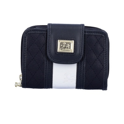 Carteira feminina preta e branca com placa metálica Cavalinho