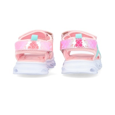 Sandálias infantis rosa com velcro e sola branca vistas de trás