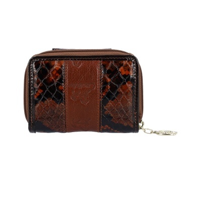 Carteira compacta castanha com padrão de pele de cobra em verniz