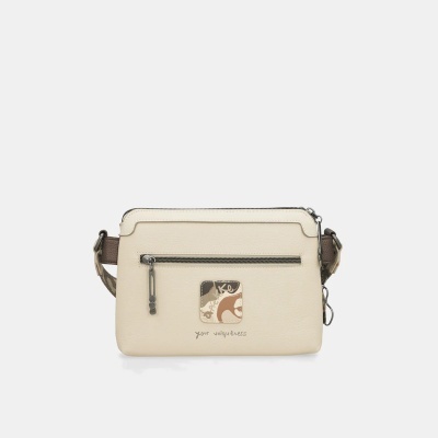 Mala pequena bege com fecho e bolso frontal com fecho