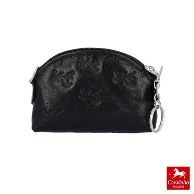 Carteira preta pequena com relevo e anel metálico