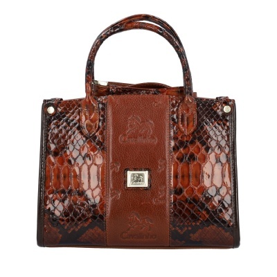 Mala de mão Castanho em couro com padrão pele de cobra e alças fixas