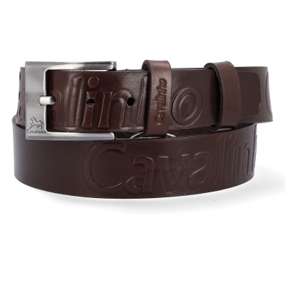 Cinto de pele castanha com fivela metálica prateada e logótipo Cavalinho