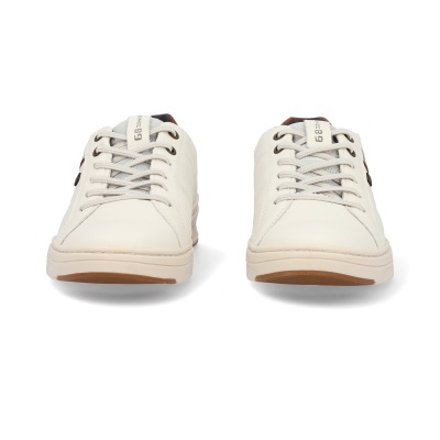 Sapatilhas brancas de couro com atacadores e sola bege e castanha vista frontal