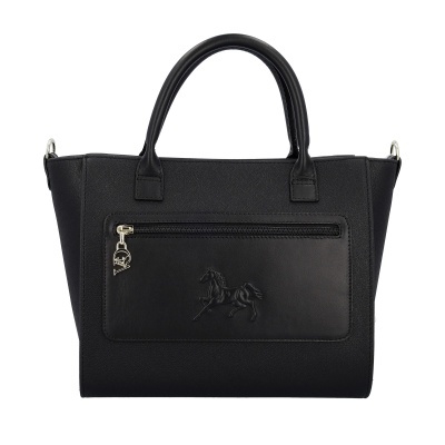 Mala de senhora preta com bolso com fecho e cavalo em relevo.