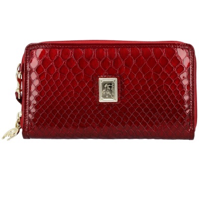 Carteira vermelha brilhante com padrão tipo pele de cobra e fecho dourado