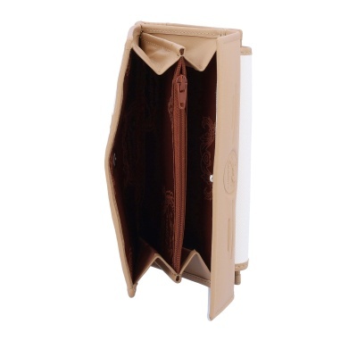 Carteira bege e branca com fecho interior castanho e padrão floral
